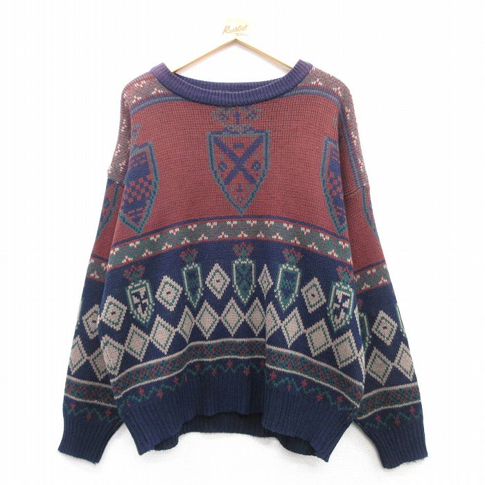 【50%OFF】XL★古着 長袖 セーター メンズ 90年代 90s アクリル クルーネック エンジ他 25feb18 中古 ニット トップス