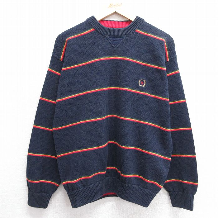L★古着 トミーヒルフィガー TOMMY HILFIGER 長袖 ブランド セーター メンズ 90年代 90s ワンポイントロゴ コットン クルーネック 紺他 ネイビー ボーダー 【spe】 25feb19 中古 ニット トップス