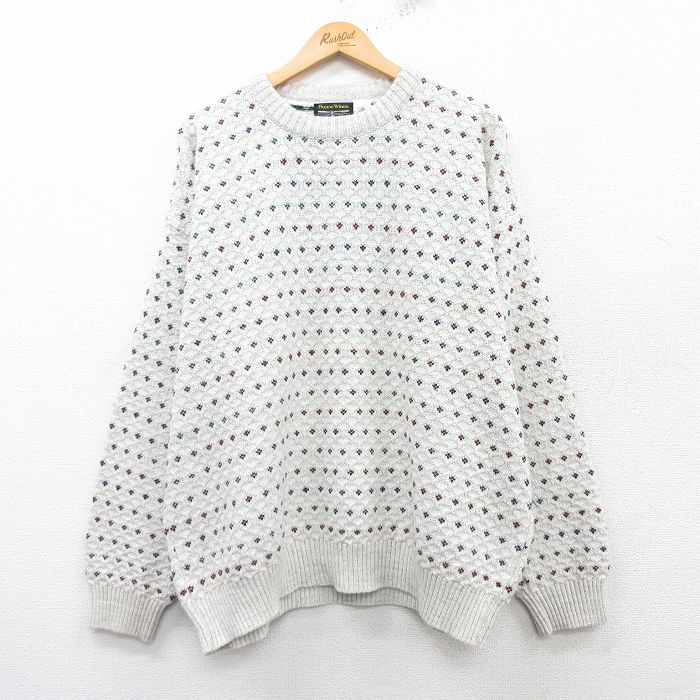 【50%OFF】XL★古着 長袖 セーター メンズ 90年代 90s バーズアイ 大きいサイズ アクリル クルーネック 薄グレー他 【spe】 25feb19 中古 ニット トップス