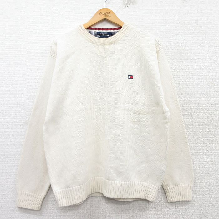 L★古着 トミーヒルフィガー TOMMY HILFIGER 長袖 ブランド セーター メンズ 90年代 90s ワンポイントロゴ コットン クルーネック 白 ホワイト 25feb19 中古 ニット トップス