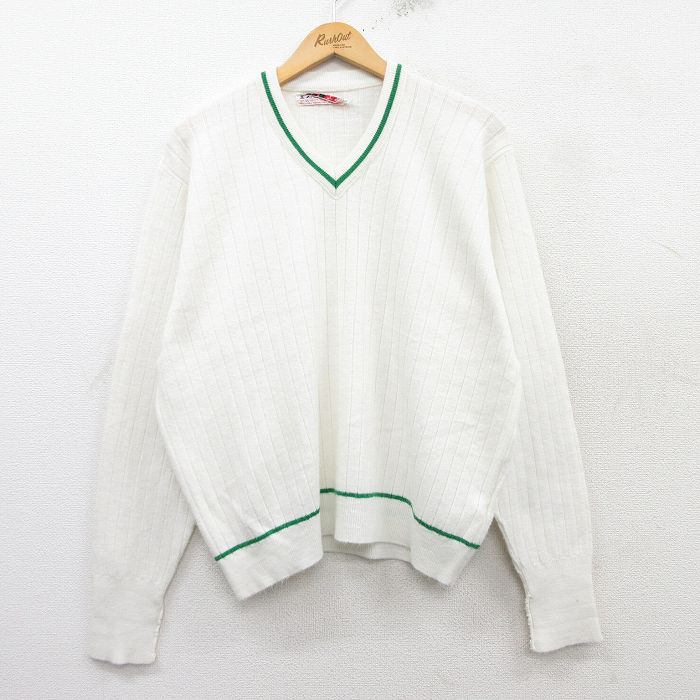 XL★古着 IZOD 長袖 ビンテージ セーター メンズ 70年代 70s アクリル Vネック USA製 白他 ホワイト 【spe】 25feb19 中古 ニット トップス