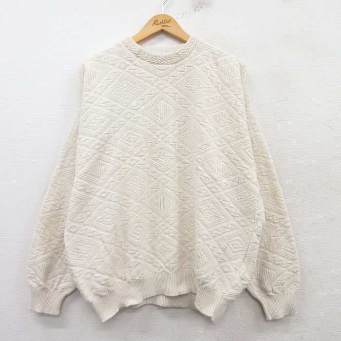 【50%OFF】XL★古着 長袖 セーター メンズ 90年代 90s 大きいサイズ コットン クルーネック USA製 白 ホワイト 25feb19 中古 ニット トップス