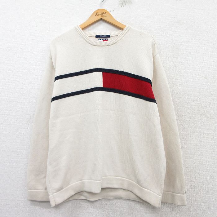 L★古着 トミーヒルフィガー TOMMY HILFIGER 長袖 ブランド セーター メンズ 90年代 90s コットン クルーネック 白 ホワイト 25feb19 中古 ニット トップス