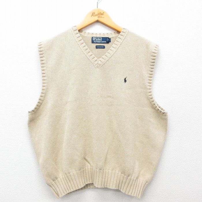 L★古着 ラルフローレン Ralph Lauren ブランド ニット ベスト メンズ 90年代 90s ワンポイントロゴ コットン Vネック ベージュ カーキ 25feb19 中古 トップス