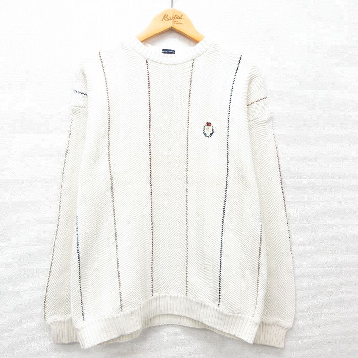L★古着 ラルフローレン Ralph Lauren チャップス 長袖 ブランド セーター メンズ 90年代 90s ワンポイントロゴ 手織り コットン クルーネック 白 ホワイト 25feb19 中古 ニット トップス