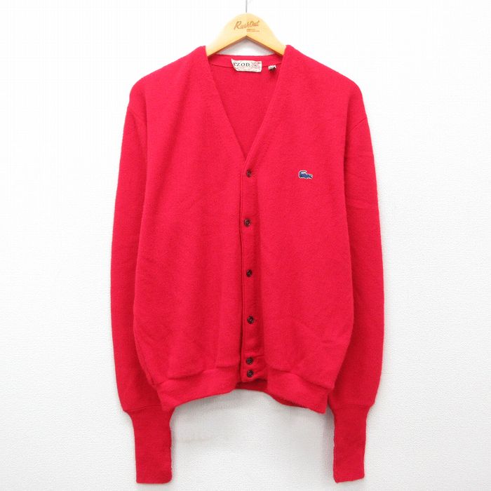 XL★古着 IZOD 長袖 ビンテージ ニット カーディガン メンズ 70年代 70s ワンポイントロゴ アクリル USA製 赤 レッド 25feb19 中古 トップス