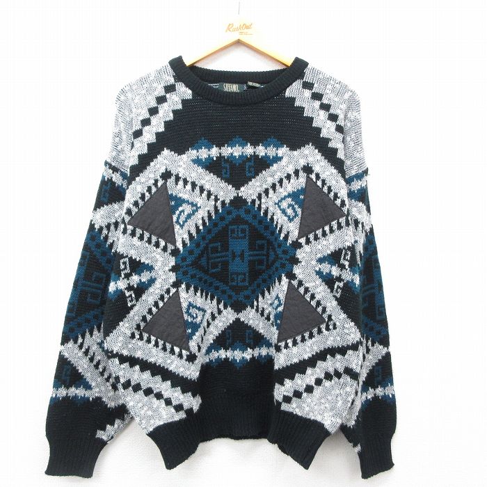 【50%OFF】XL★古着 STEFANO 長袖 セーター メンズ 90年代 90s クルーネック 黒他 ブラック 25feb19 中古 ニット トップス