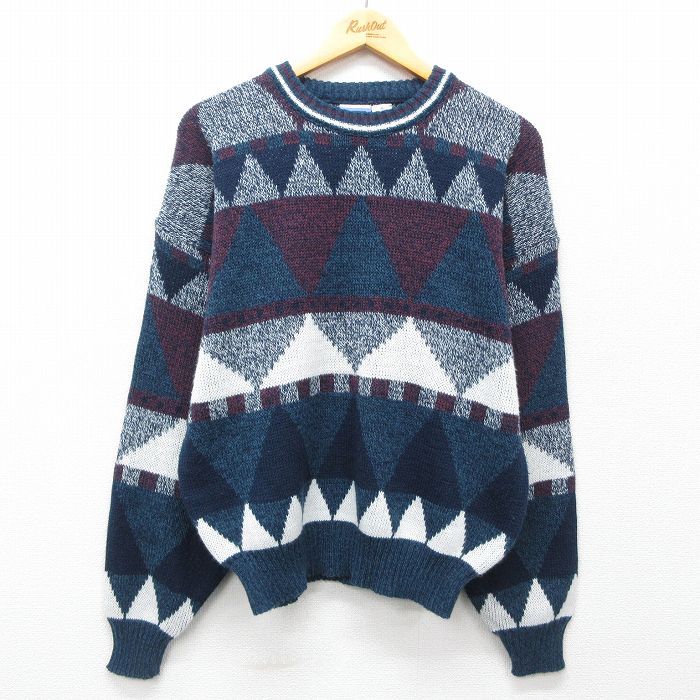 XL★古着 TODAYS NEWS 長袖 セーター メンズ 90年代 90s アクリル クルーネック 紺他 ネイビー 25feb19 中古 ニット トップス