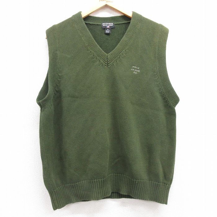 L★古着 ラルフローレン Ralph Lauren ポロジーンズ ブランド ニット ベスト メンズ 00年代 00s ワンポイントロゴ コットン Vネック 緑 グリーン 25feb20 中古 トップス