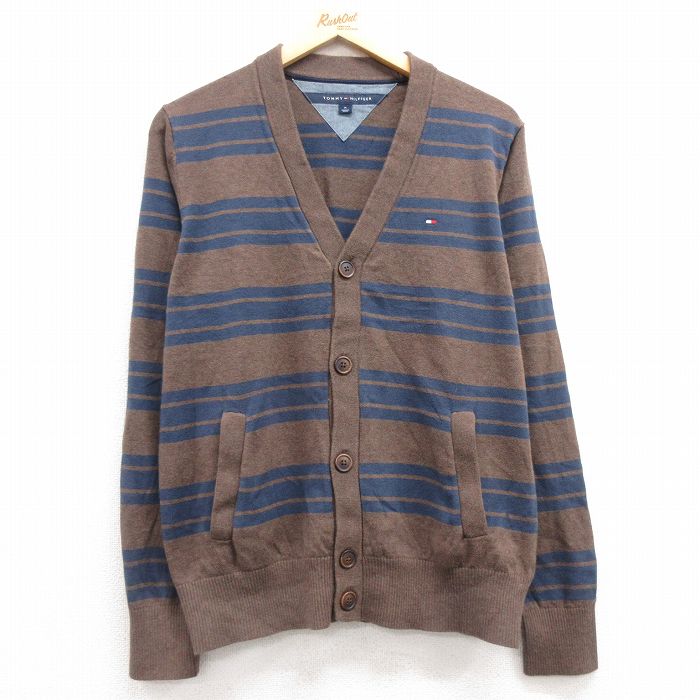 M★古着 トミーヒルフィガー TOMMY HILFIGER 長袖 ブランド ニット カーディガン メンズ ワンポイントロゴ コットン 茶他 ブラウン 25feb20 中古 トップス