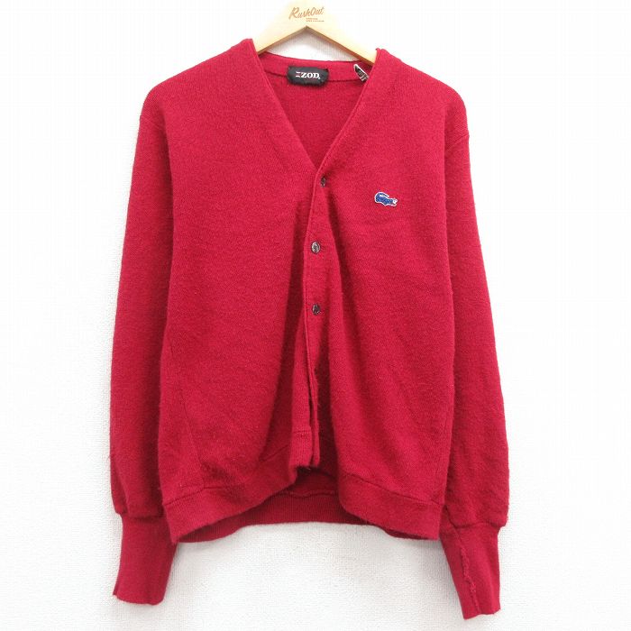 M★古着 IZOD 長袖 ニット カーディガン メンズ 80年代 80s ワンポイントロゴ アクリル エンジ 25feb20 中古 トップス