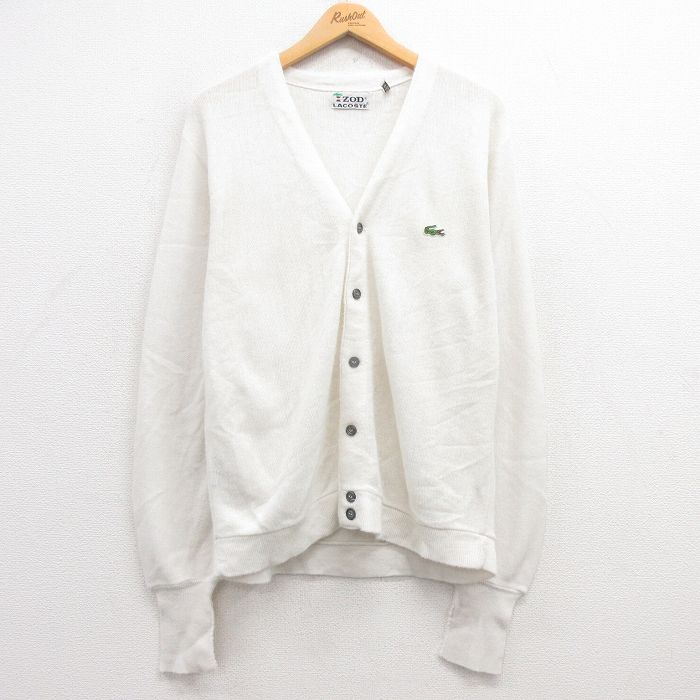 XL★古着 ラコステ LACOSTE IZOD 長袖 ニット カーディガン メンズ 80年代 80s ワンポイントロゴ アクリル 白 ホワイト 25feb20 中古 トップス