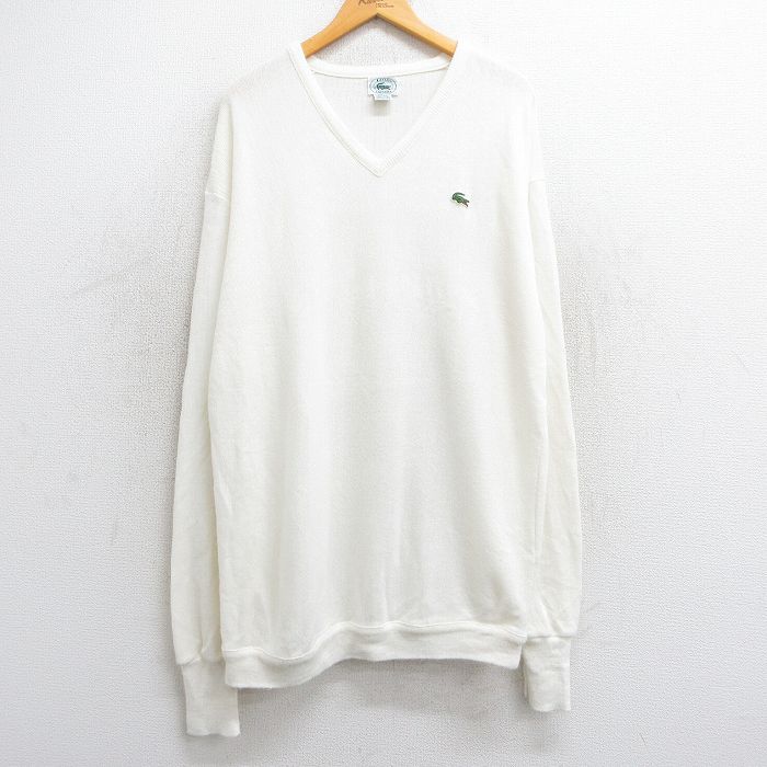 XL★古着 ラコステ LACOSTE IZOD 長袖 ブランド セーター メンズ 90年代 90s ワンポイントロゴ 大きいサイズ アクリル Vネック USA製 白 ホワイト 25feb22 中古 ニット トップス