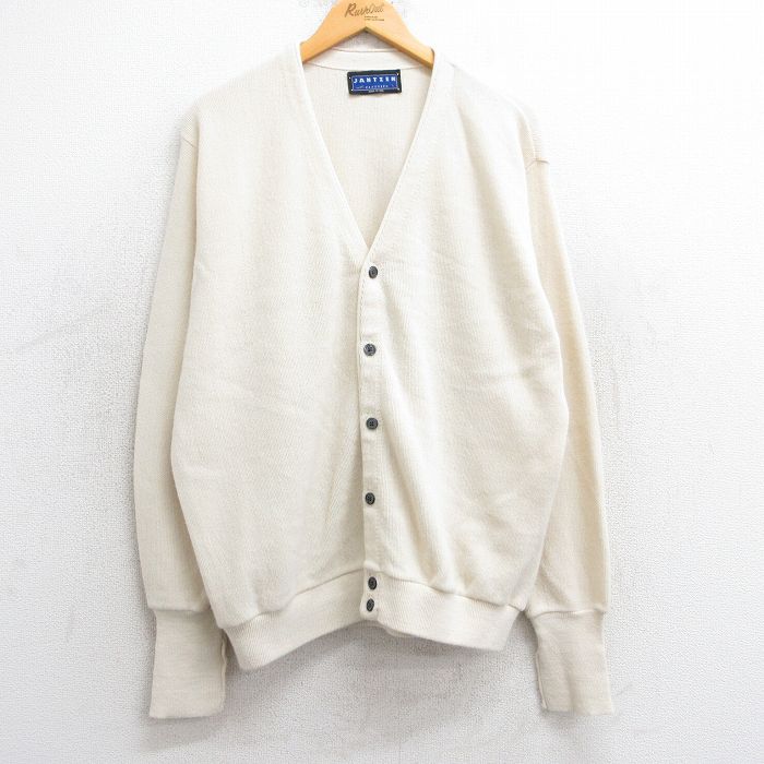 XL★古着 ジャンセン 長袖 ニット カーディガン メンズ 90年代 90s 無地 アクリル 白 ホワイト 25feb22 中古 トップス