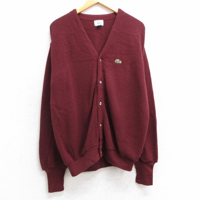 L★古着 ラコステ LACOSTE IZOD 長袖 ブランド ニット カーディガン メンズ 90年代 90s ワンポイントロゴ アクリル USA製 エンジ 25feb22 中古 トップス