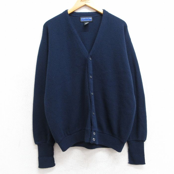 L★古着 ジャンセン 長袖 ニット カーディガン メンズ 90年代 90s 無地 アクリル USA製 紺 ネイビー 25feb22 中古 トップス