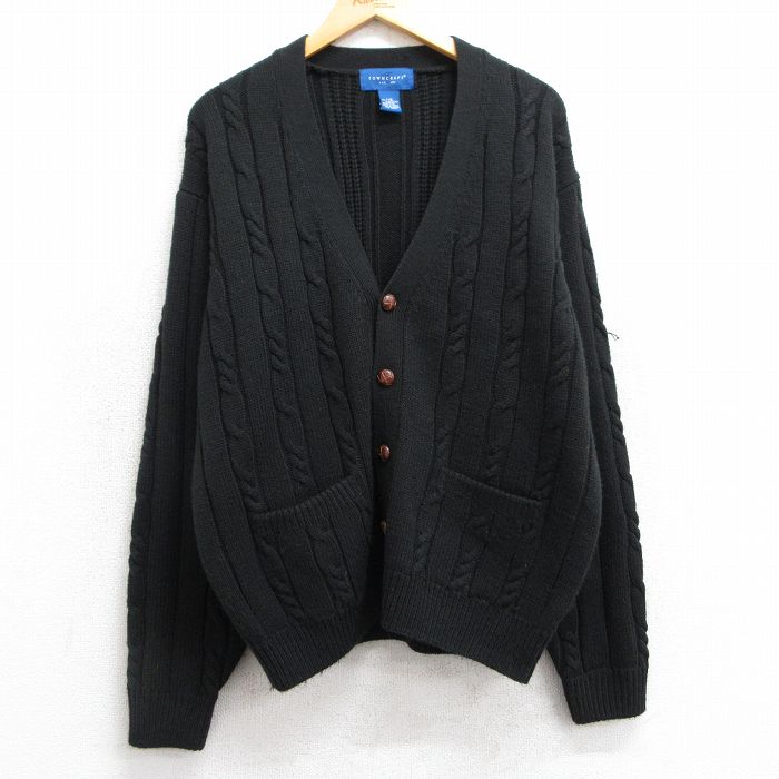 XL★古着 タウンクラフト 長袖 ケーブル ニット カーディガン メンズ 90年代 90s アクリル 黒 ブラック 25feb22 中古 トップス