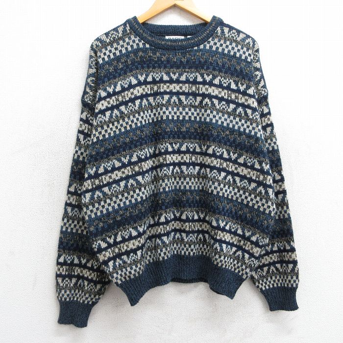 XL★古着 ベーシックエディションズ 長袖 セーター メンズ 00年代 00s アクリル クルーネック 紺他 ネイビー 25feb22 中古 ニット トップス