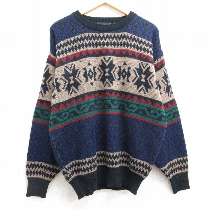 【50%OFF】L★古着 長袖 セーター メンズ 00年代 00s 雪柄 アクリル クルーネック 紺他 ネイビー 25feb22 中古 ニット トップス