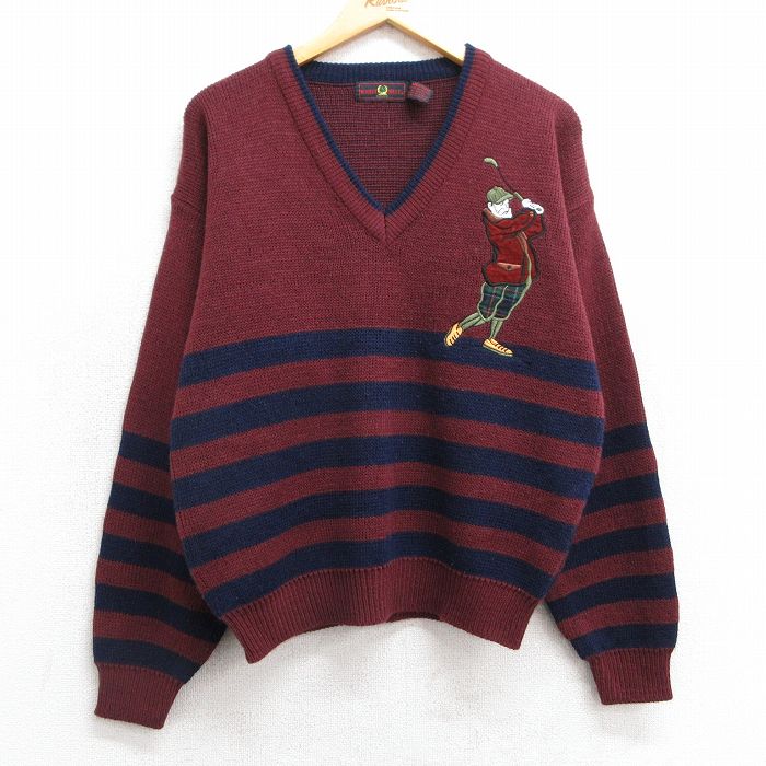 【50%OFF】M★古着 長袖 セーター メンズ 90年代 90s ゴルフ アクリル Vネック エンジ 25feb22 中古 ニット トップス