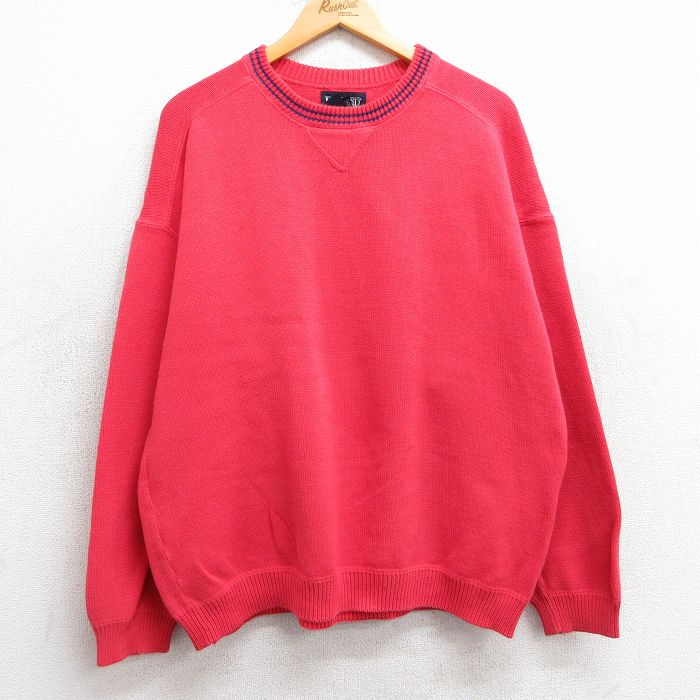 XL★古着 ランズエンド 長袖 セーター メンズ 90年代 90s 無地 コットン クルーネック USA製 赤 レッド 25feb22 中古 ニット トップス