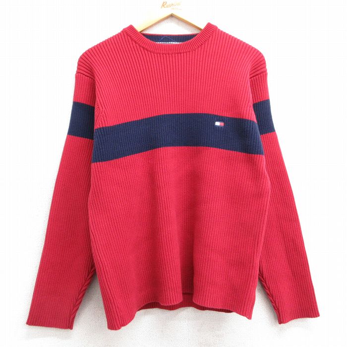 S★古着 トミーヒルフィガー TOMMY HILFIGER 長袖 ブランド セーター メンズ 90年代 90s ワンポイントロゴ ツートンカラー コットン クルーネック 赤 レッド 25feb22 中古 ニット トップス