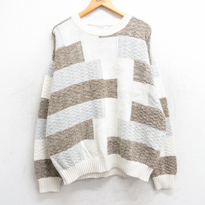 【20%OFF】XL★古着 長袖 セーター メンズ 90年代 90s 大きいサイズ コットン クルーネック USA製 白他 ホワイト 25feb22 中古 ニット トップス