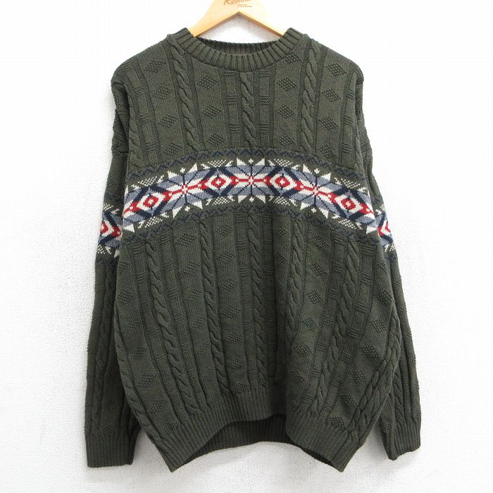 【20%OFF】L★古着 長袖 ケーブル ノルディック セーター メンズ 90年代 90s 雪柄 クルーネック USA製 濃緑他 グリーン 【spe】 25feb26 中古 ニット トップス