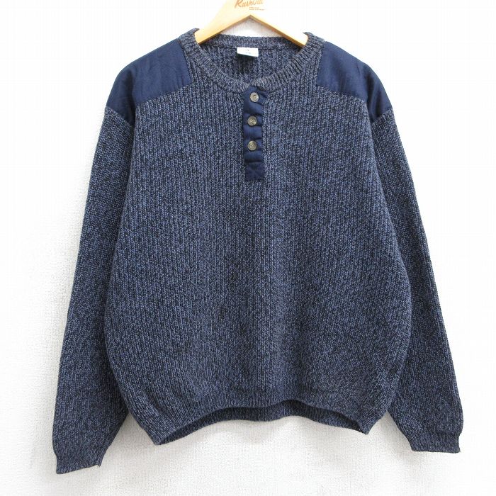 L★古着 コロンビア COLUMBIA 長袖 セーター メンズ 00年代 00s ヒジ当て コットン ヘンリーネック 紺 ネイビー 25feb26 中古 ニット トップス