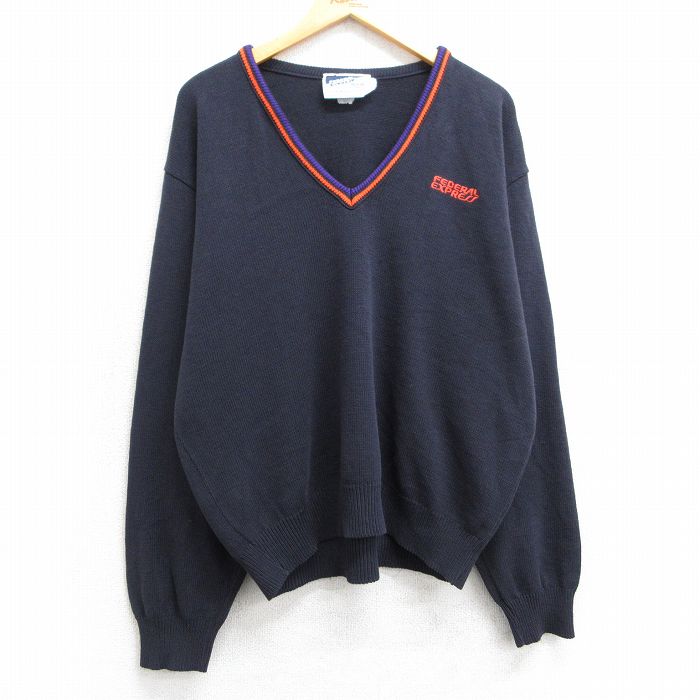 【50%OFF】XL★古着 長袖 セーター メンズ 90年代 90s FEDERAL EXPRESS Vネック USA製 濃紺 ネイビー 25feb26 中古 ニット トップス