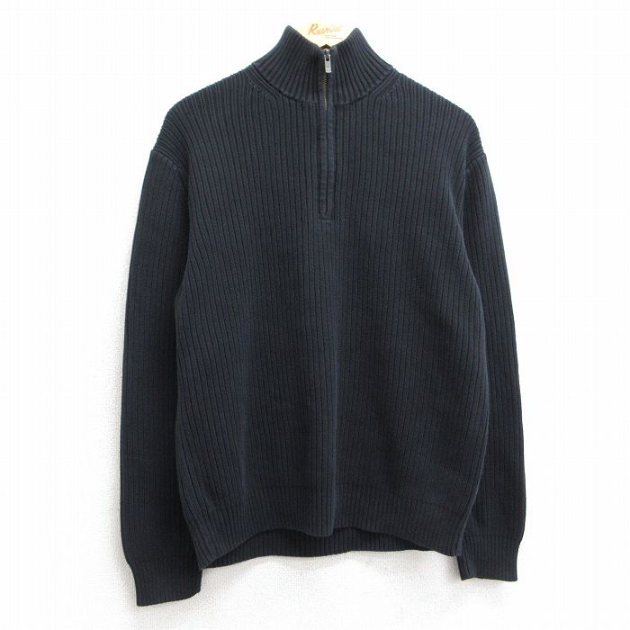 M★古着 カルバンクライン Calvin Klein 長袖 ハーフジップ セーター メンズ 無地 コットン 黒 ブラック 25feb26 中古 ニット トップス