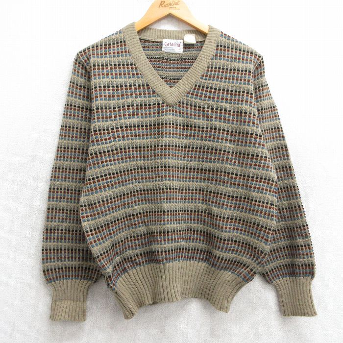 【50%OFF】M★古着 長袖 セーター メンズ 80年代 80s アクリル Vネック ベージュ他 カーキ 25feb26 中古 ニット トップス