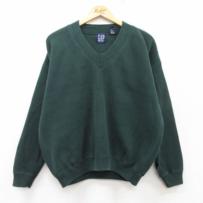 【50%OFF】L★古着 ギャップ GAP 長袖 セーター メンズ 90年代 90s 無地 コットン Vネック 濃緑 グリーン 25feb26 中古 ニット トップス