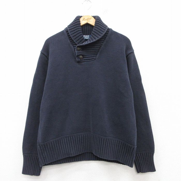 XL★古着 ラルフローレン Ralph Lauren 長袖 ブランド セーター メンズ 90年代 90s コットン ショールカラー 紺 ネイビー 25feb26 中古 ニット トップス