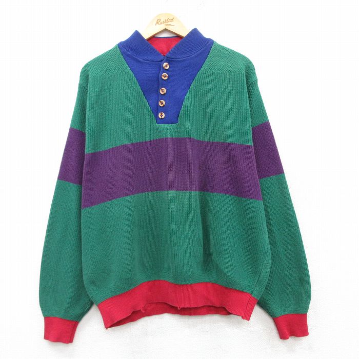 XL★古着 ランズエンド 長袖 セーター メンズ 90年代 90s マルチカラー コットン ヘンリーネック USA製 緑他 グリーン 【spe】 25feb26 中古 ニット トップス