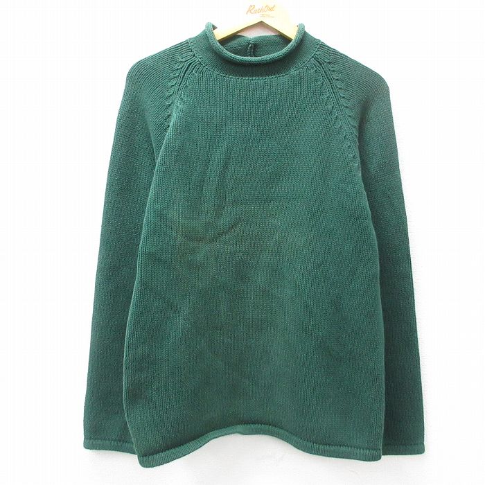 L★古着 ジェイクルー J.CREW 長袖 セーター メンズ 90年代 90s 無地 ラグラン コットン モックネック ハイネック 緑 グリーン 25feb27 中古 ニット トップス