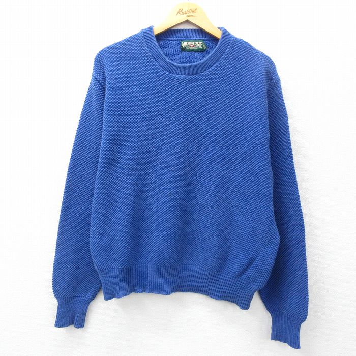 L★古着 アメリカンイーグル American Eagle 長袖 セーター メンズ 90年代 90s 無地 コットン クルーネック USA製 青 ブルー 25feb27 中古 ニット トップス
