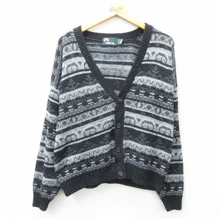 XL★古着 長袖 ニット カーディガン メンズ 90年代 90s アクリル USA製 黒他 ブラック 25feb27 中古 トップス