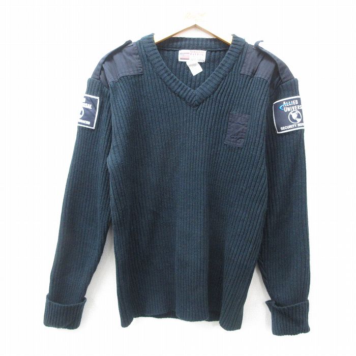 M★古着 長袖 セーター メンズ セキュリティ ヒジ当て アクリル Vネック 濃紺 ネイビー 25feb27 中古 ニット トップス