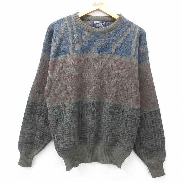 【20%OFF】M★古着 長袖 セーター メンズ 90年代 90s アクリル クルーネック 緑系 グリーン 25feb27 中古 ニット トップス