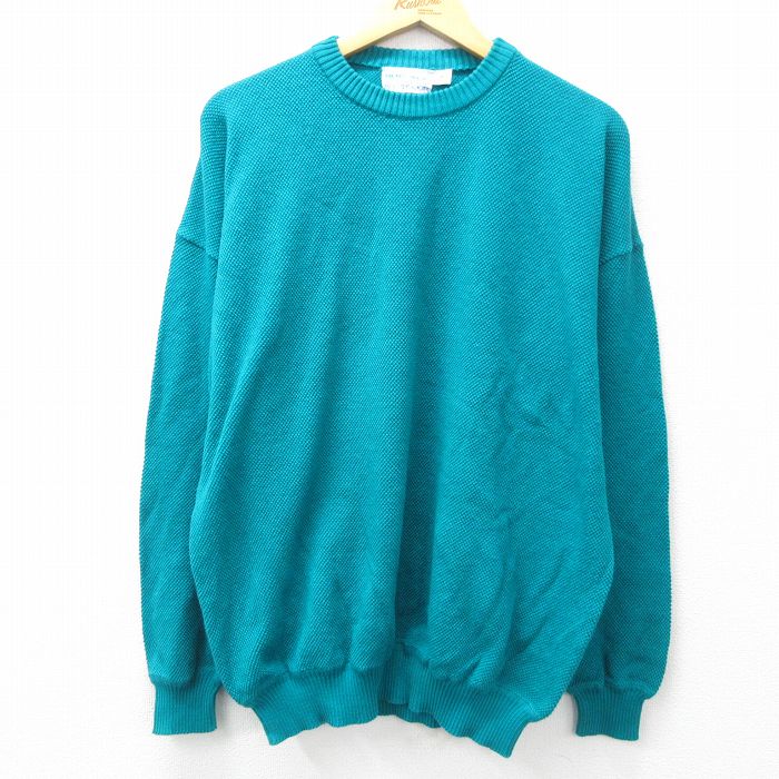 XL★古着 長袖 セーター メンズ 80年代 80s 無地 コットン クルーネック USA製 青緑 25feb27 中古 ニット トップス