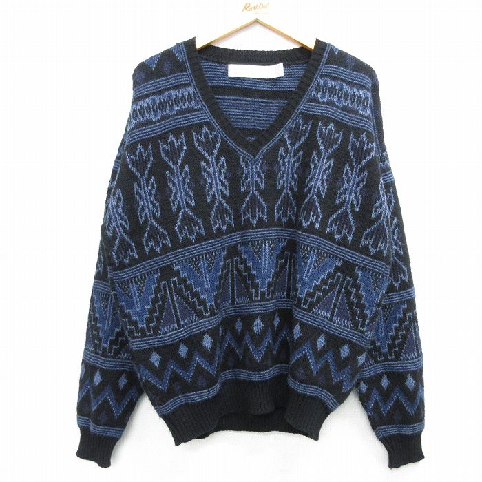L★古着 長袖 セーター メンズ 90年代 90s アクリル Vネック USA製 黒他 ブラック 25feb28 中古 ニット トップス