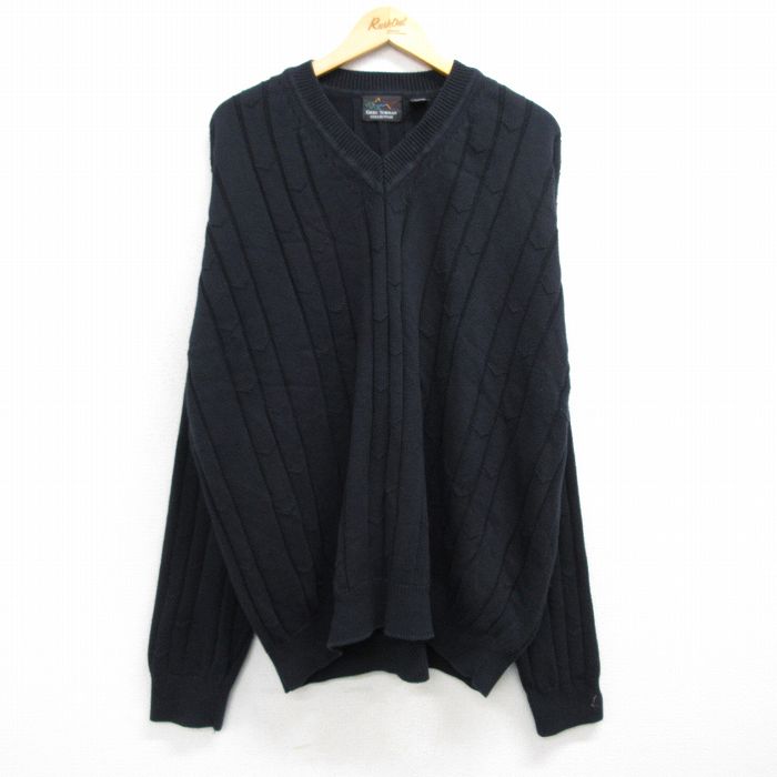 XL★古着 グレッグノーマン 長袖 セーター メンズ 大きいサイズ コットン Vネック 黒 ブラック 25feb28 中古 ニット トップス