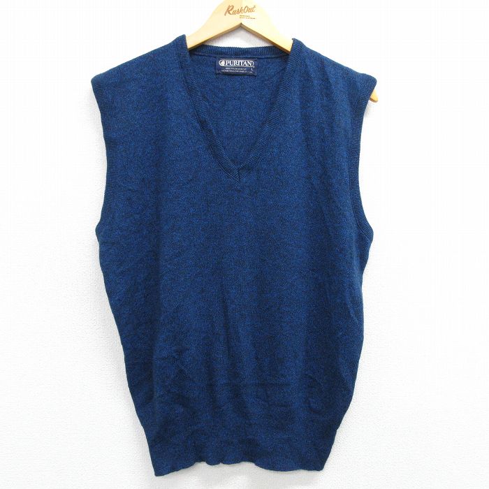 M★古着 ピューリタン ニット ベスト メンズ 80年代 80s 無地 アクリル Vネック USA製 紺 ネイビー 25feb28 中古 トップス