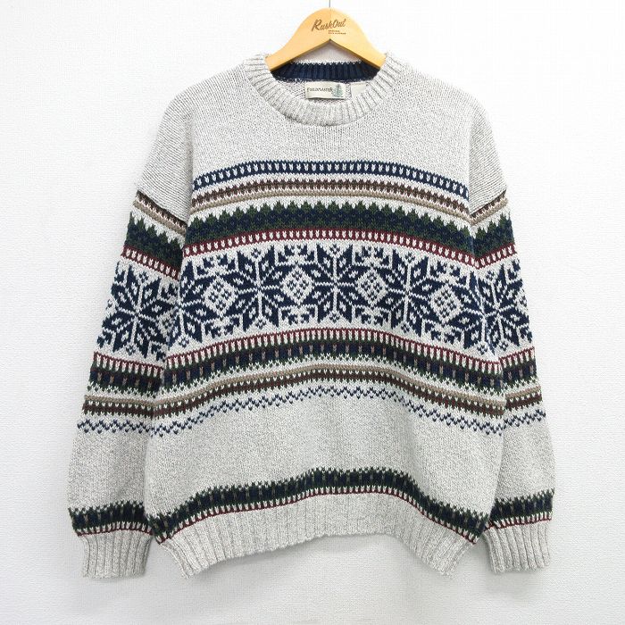 L★古着 長袖 ノルディック セーター メンズ 90年代 90s 雪柄 コットン クルーネック USA製 グレー他 【spe】 25feb28 中古 ニット トップス
