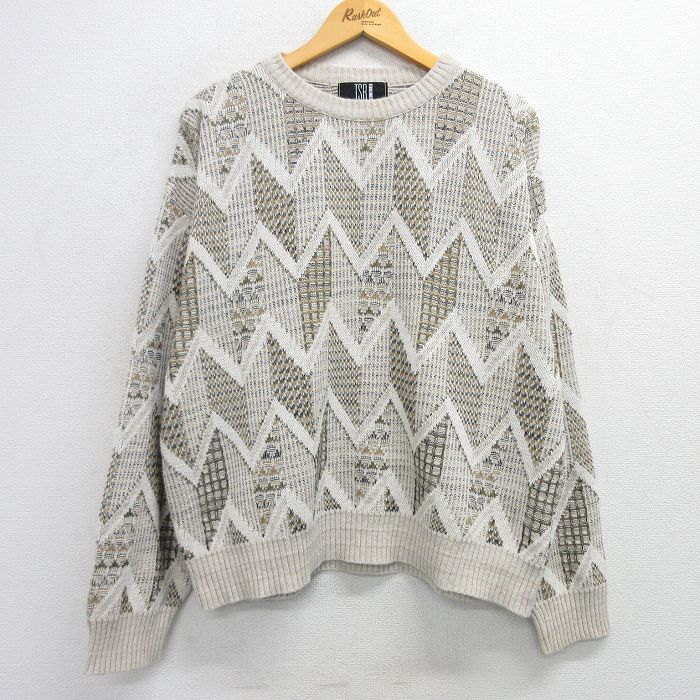 XL★古着 長袖 セーター メンズ 90年代 90s クルーネック USA製 ベージュ他 カーキ 25feb28 中古 ニット トップス