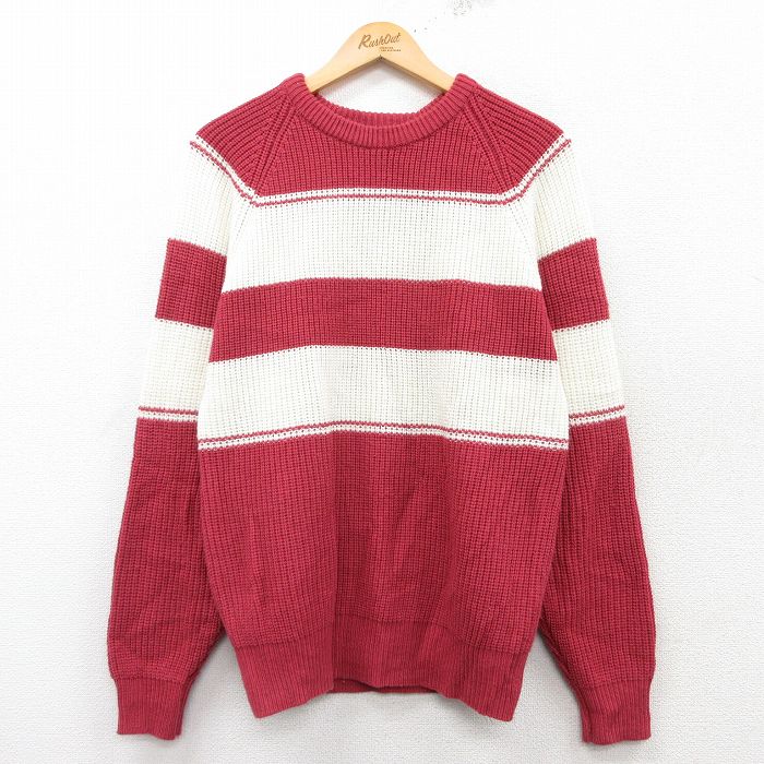 【50%OFF】L★古着 長袖 セーター メンズ 90年代 90s ラグラン クルーネック 赤他 レッド 25feb28 中古 ニット トップス