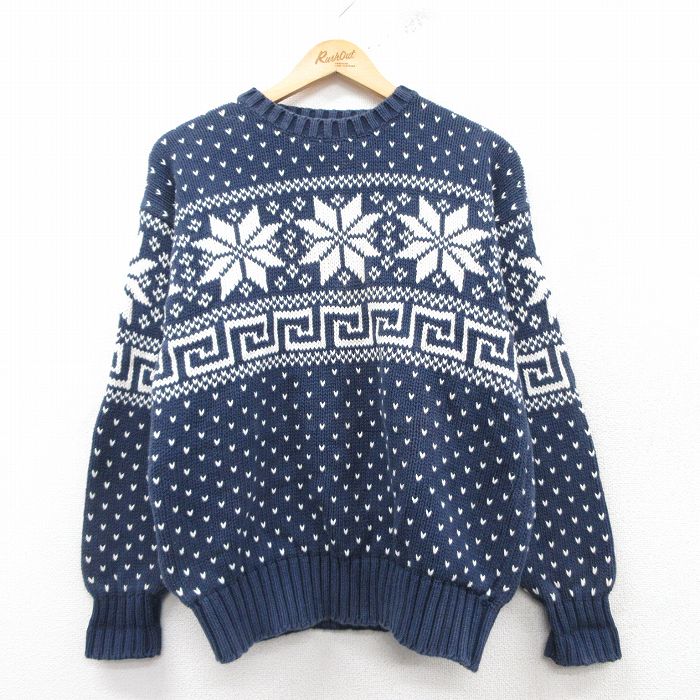 L★古着 ギャップ GAP 長袖 ノルディック セーター メンズ 90年代 90s 雪柄 バーズアイ コットン クルーネック 紺他 ネイビー 【spe】 25feb28 中古 ニット トップス