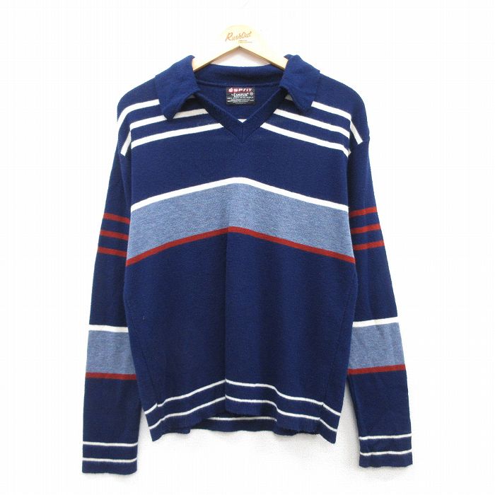 【50%OFF】M★古着 キャンパス 長袖 セーター メンズ 80年代 80s 襟付き アクリル USA製 紺他 ネイビー 25feb28 中古 ニット トップス