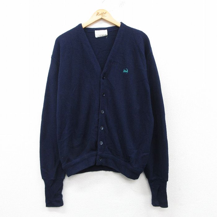 XL★古着 長袖 ニット カーディガン メンズ 80年代 80s アクリル USA製 紺 ネイビー 25feb28 中古 トップス